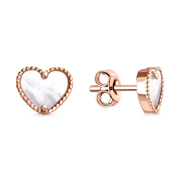 Серьги-пусеты Сердца из красного золота с перламутром