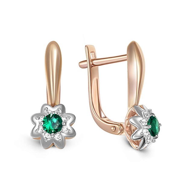 Серьги Цветы из красного золота с 2 изумрудами и 16 бриллиантами