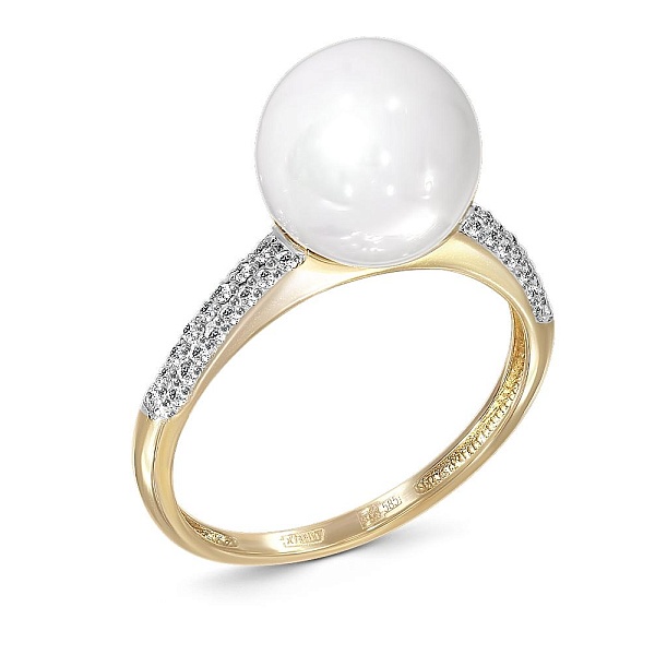 Кольцо из жёлтого золота с жемчугом и 48 фианитами