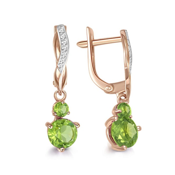 Серьги из красного золота с 80 хризолитами и 280 фианитами
