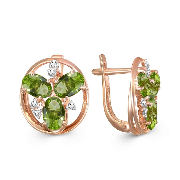 Серьги из красного золота с 6 хризолитами и 10 фианитами