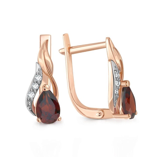 Серьги из красного золота с 2 гранатами и 6 фианитами