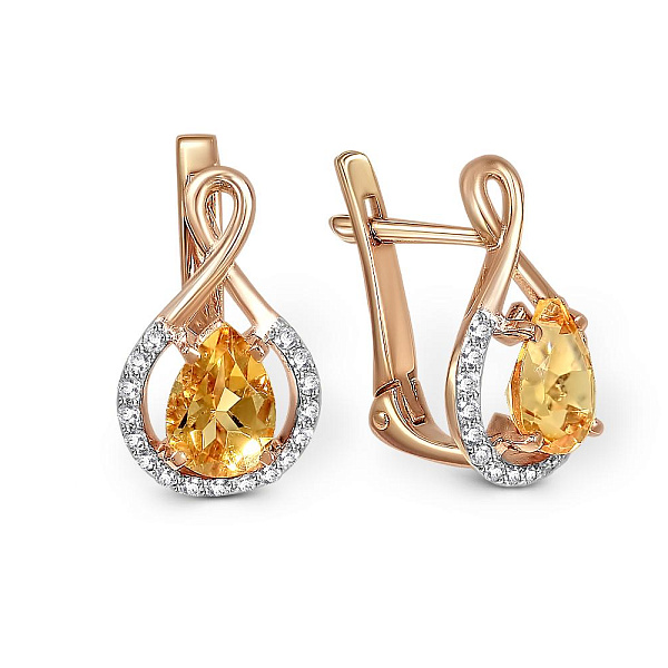 Серьги из красного золота с 2 цитринами и 34 фианитами