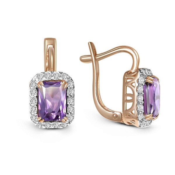 Серьги из красного золота с 2 аметистами и 36 фианитами