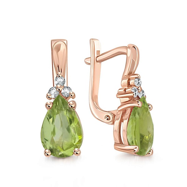 Серьги из красного золота с 2 хризолитами и 6 фианитами