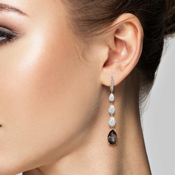 Серьги из жёлтого золота с 2 раухтопазами и 20 фианитами