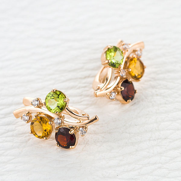 Серьги Цветы из красного золота с гранатами, хризолитами и цитринами