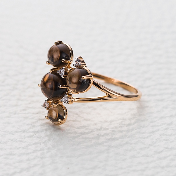 Кольцо из красного золота с раухтопазом, хризолитом и цитрином