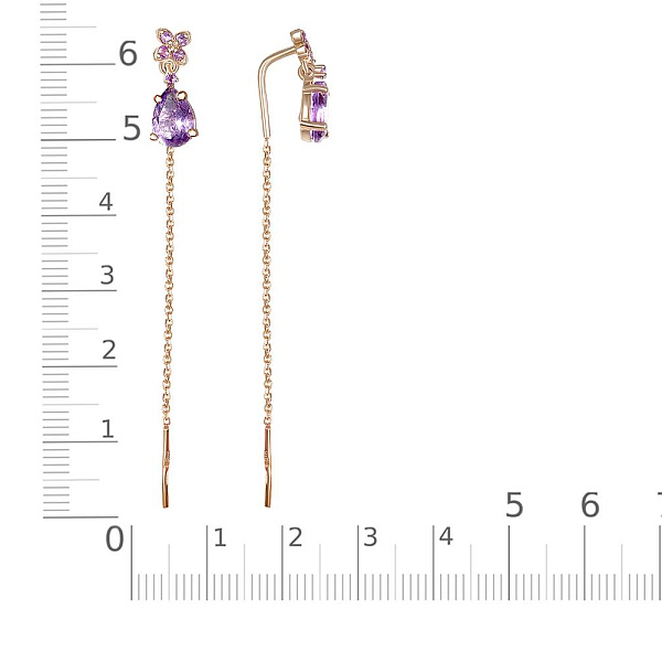 Серьги-продёвки Цветы из красного золота с 12 аметистами