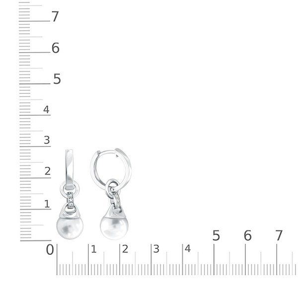 Серьги-трансформеры из белого золота с 2 жемчужинами и 6 фианитами