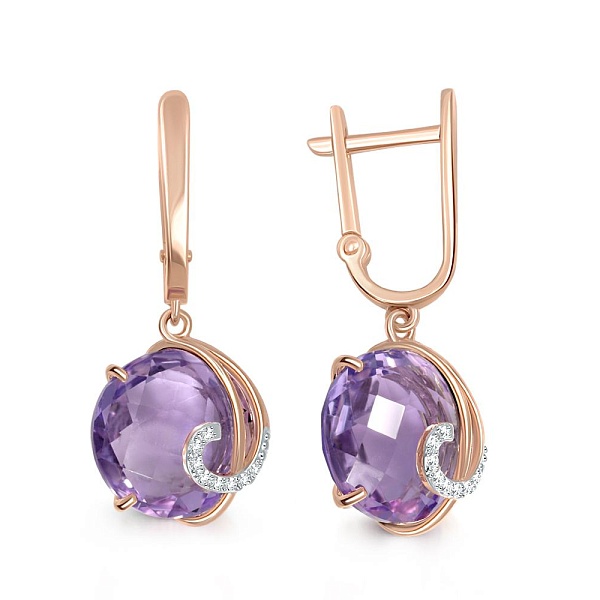 Серьги из красного золота с 2 аметистами и 16 фианитами