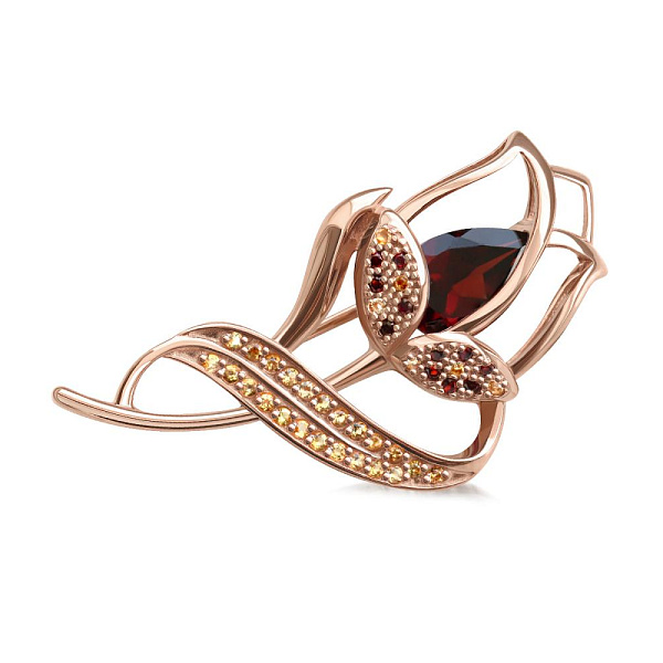 Брошь Цветок из красного золота с 12 гранатами и 29 цитринами