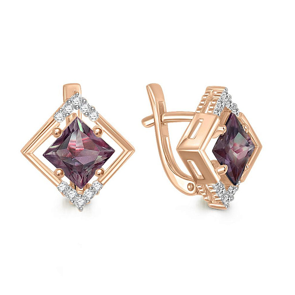 Серьги Квадраты из красного золота с 2 александритами и 20 фианитами