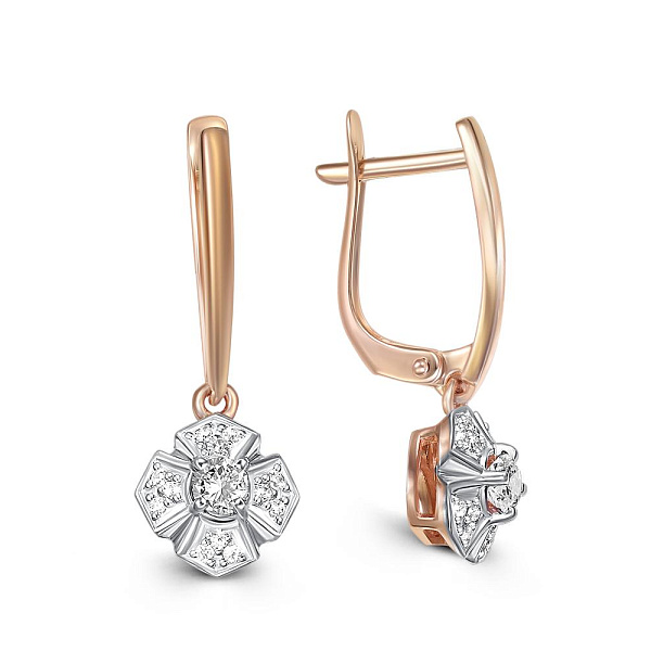 Серьги Цветы из красного золота с 26 фианитами