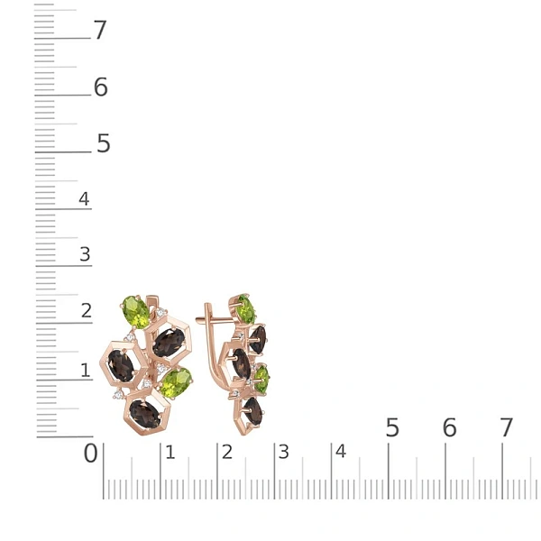 Серьги из красного золота с раухтопазами, хризолитами и фианитами