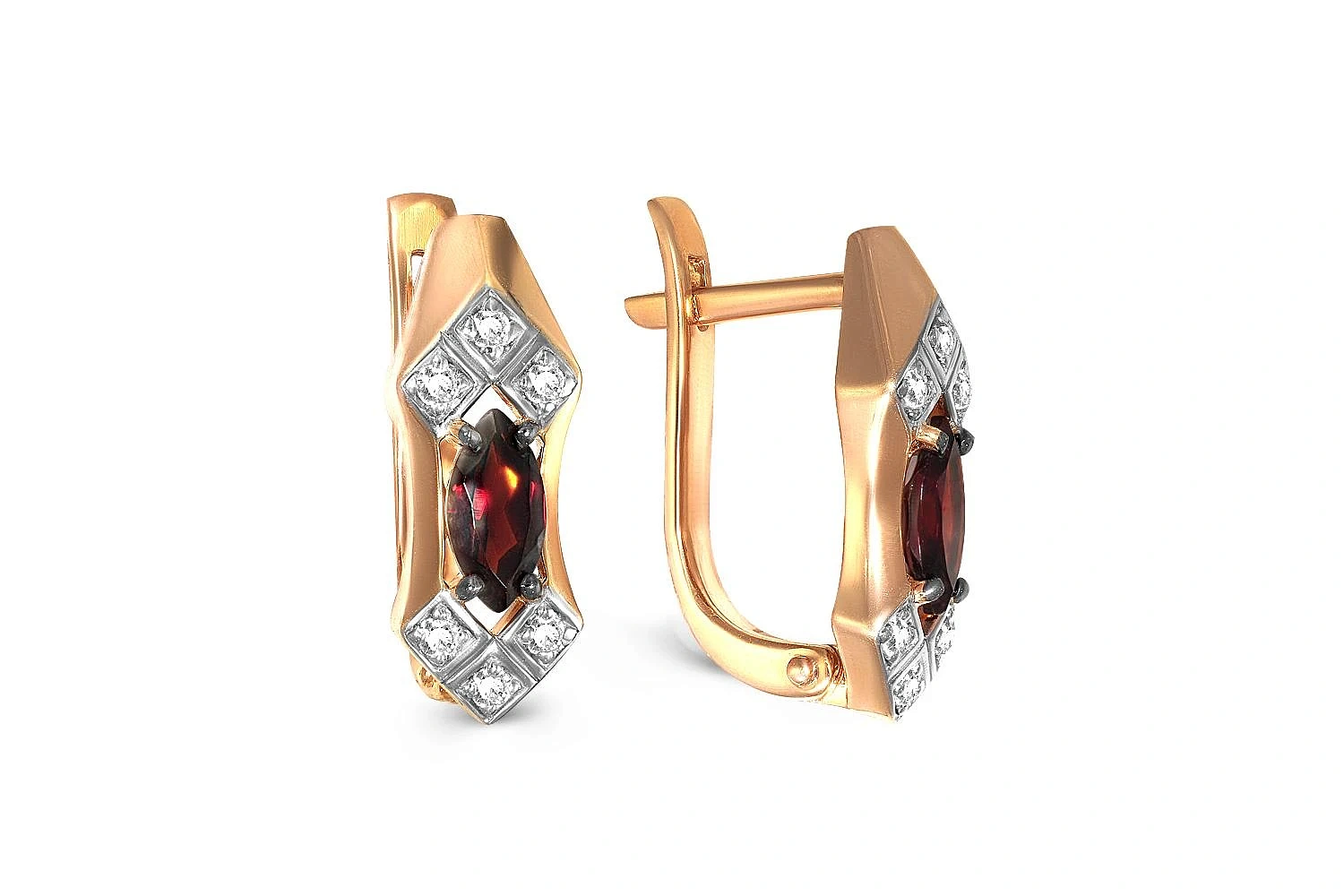 Серьги из красного золота с 2 гранатами и 12 фианитами
