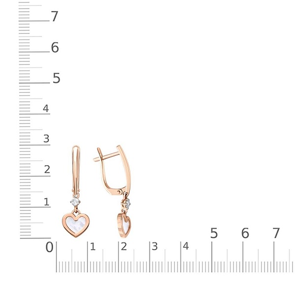 Серьги Сердца из красного золота с перламутром и 2 фианитами