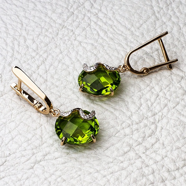 Серьги из красного золота с 2 ситаллами и 14 фианитами