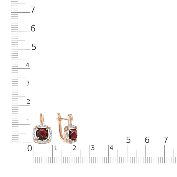 Серьги из красного золота с 2 гранатами и 32 фианитами