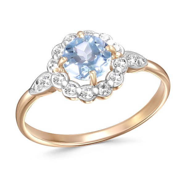 Кольцо Цветок из красного золота с топазом sky и 16 фианитами