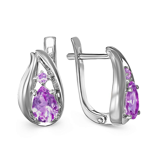Серьги из белого золота с 2 аметистами и 2 фианитами