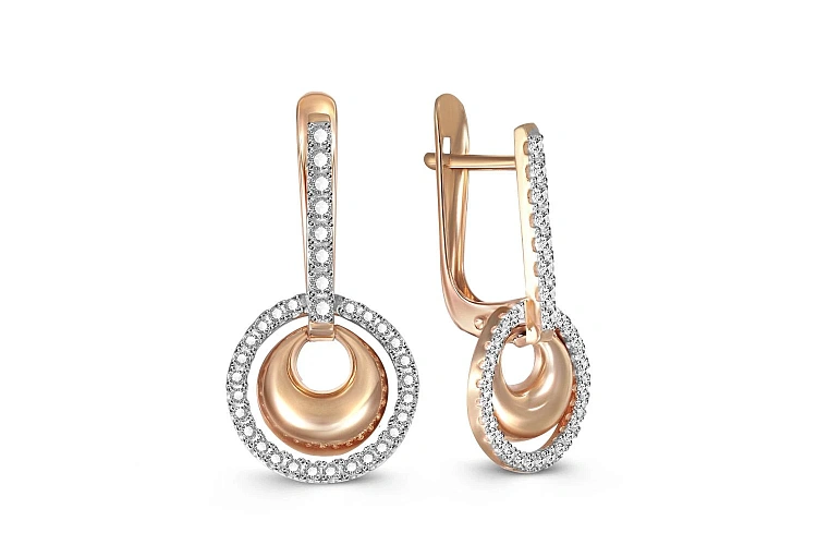 Серьги из красного золота с 68 фианитами