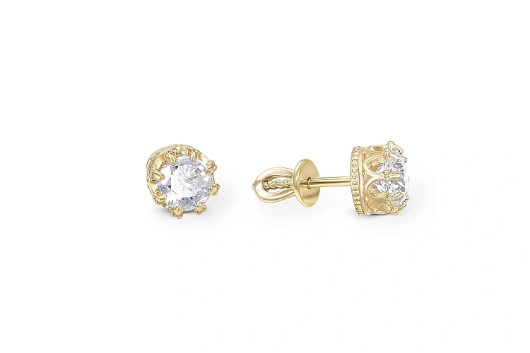 Серьги-пусеты Короны из жёлтого золота с 2 кристаллами swarovski