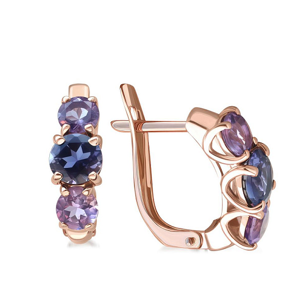 Серьги из красного золота с 2 иолитами и 4 аметистами