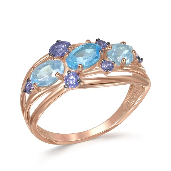 Кольцо из красного золота с топазами sky, топазом swiss и фианитами