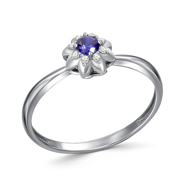 Кольцо Цветок из белого золота с корундом и 8 бриллиантами