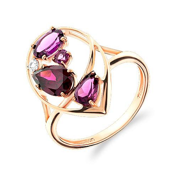 Кольцо из красного золота с 4 родолитами и фианитом