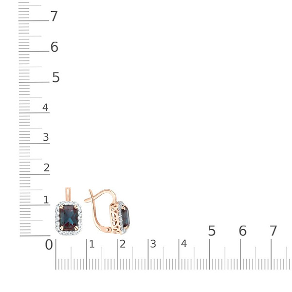 Серьги из красного золота с 2 александритами и 36 фианитами