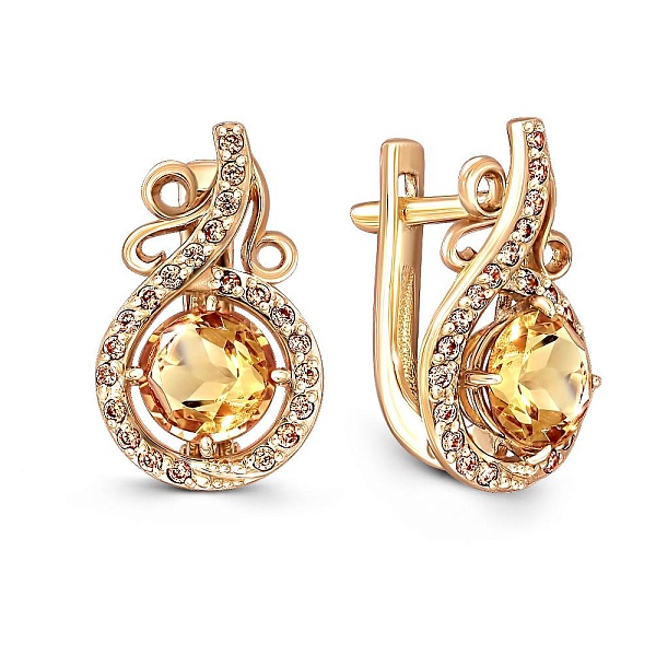 Серьги из жёлтого золота с 2 цитринами и 44 фианитами