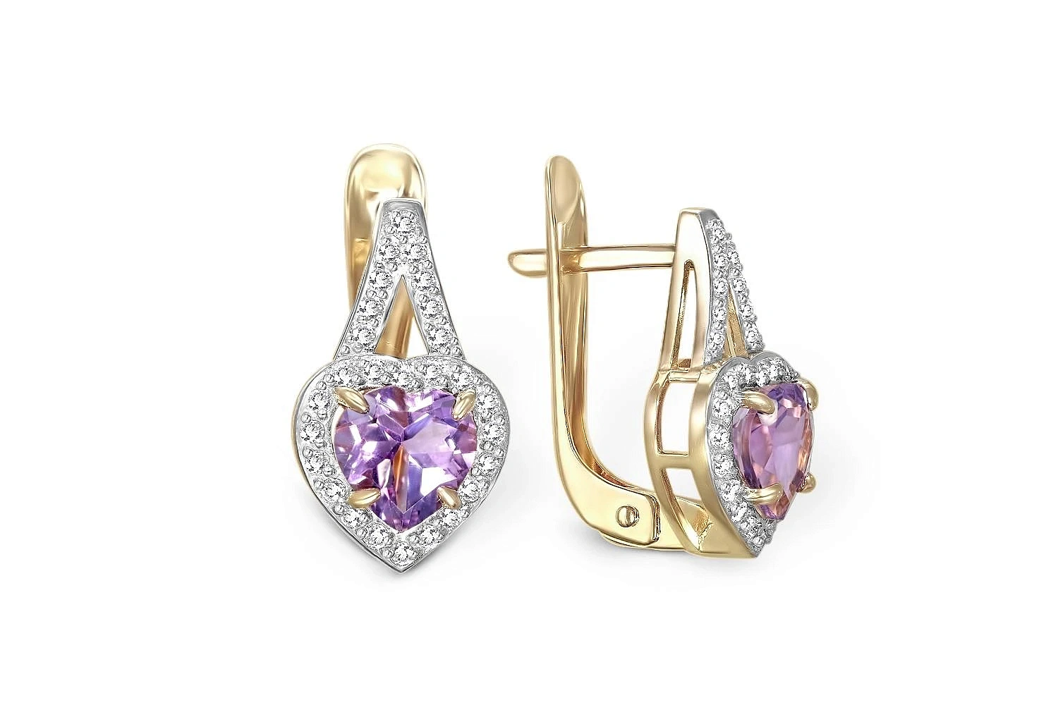 Серьги Сердца из жёлтого золота с 2 аметистами и 54 фианитами