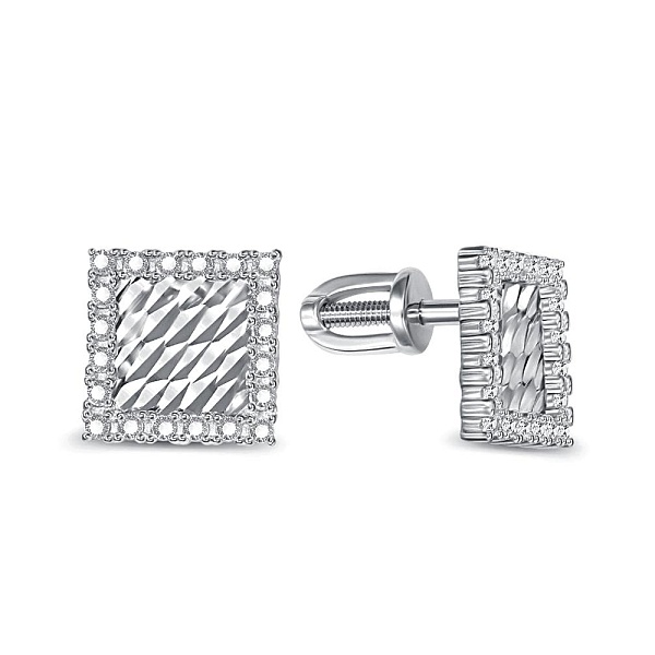 Серьги-пусеты Квадраты из белого золота с 40 фианитами