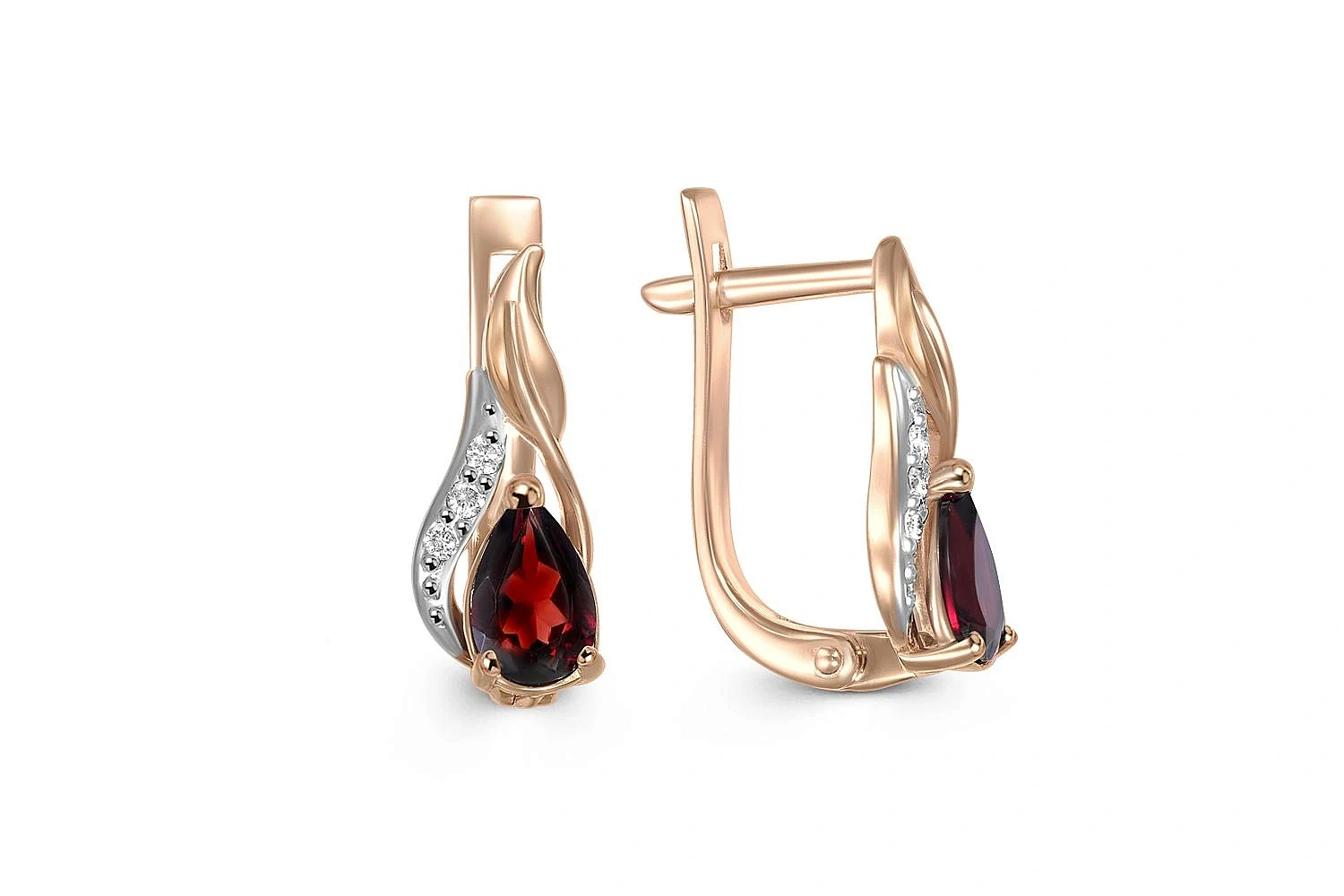 Серьги из красного золота с 2 гранатами и 6 фианитами