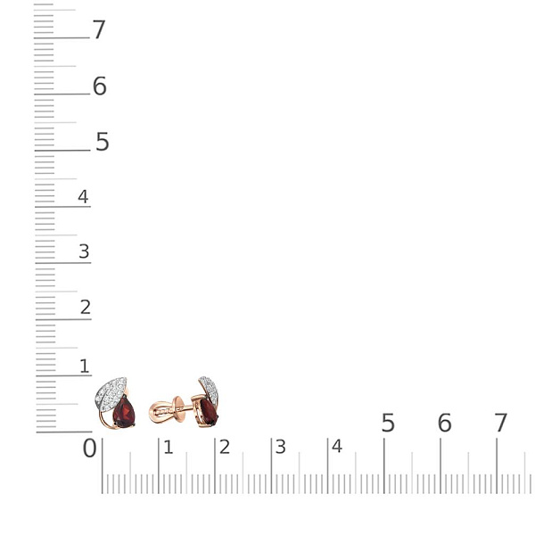 Серьги-пусеты Веточки из красного золота с 2 гранатами и 26 фианитами