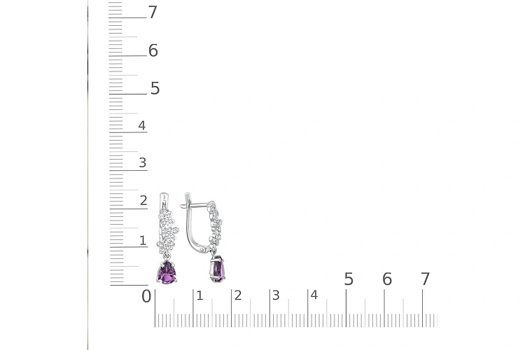 Серьги из белого золота с 2 аметистами и 30 фианитами