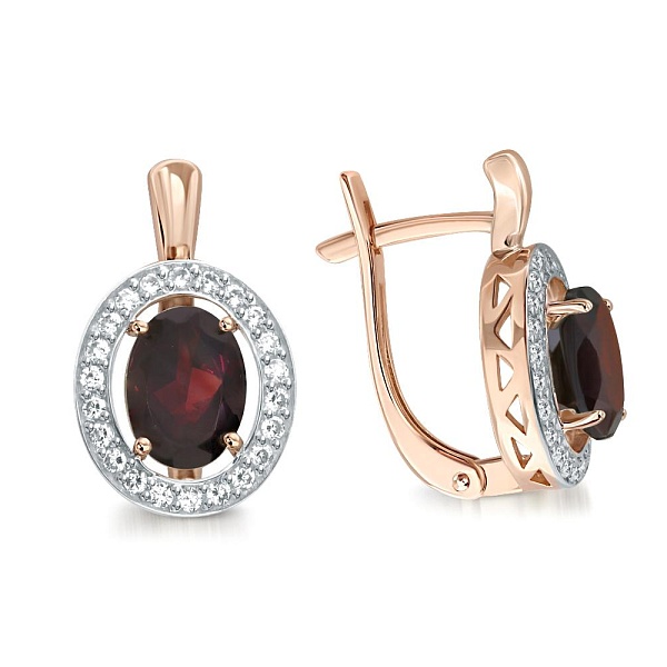 Серьги из красного золота с 2 гранатами и 44 фианитами