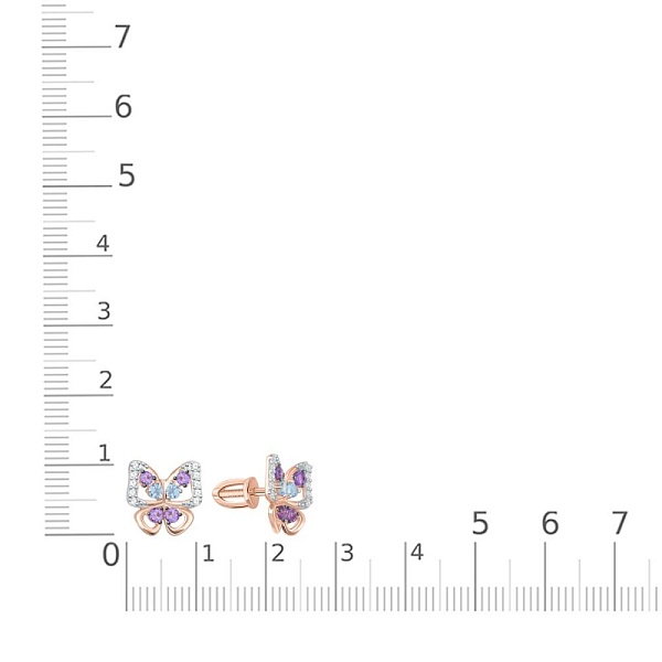 Серьги-пусеты Бабочки из красного золота с аметистами, топазами swiss и фианитами