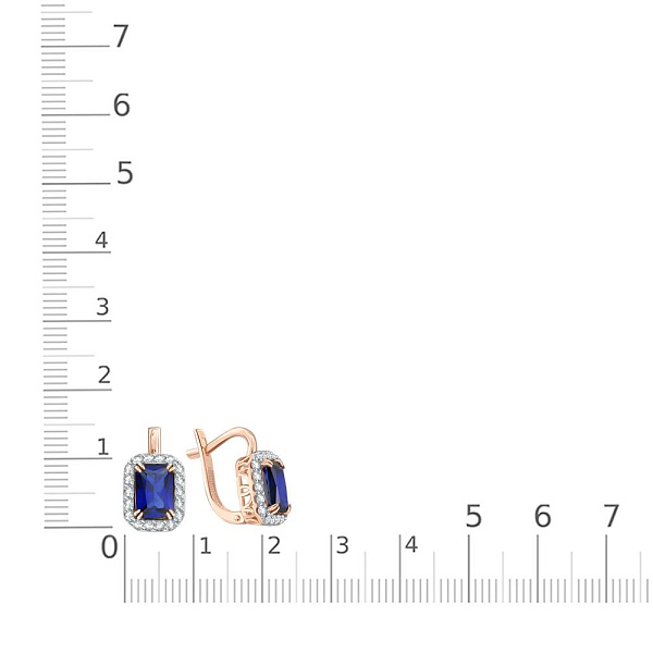 Серьги из красного золота с 2 корундами и 36 фианитами