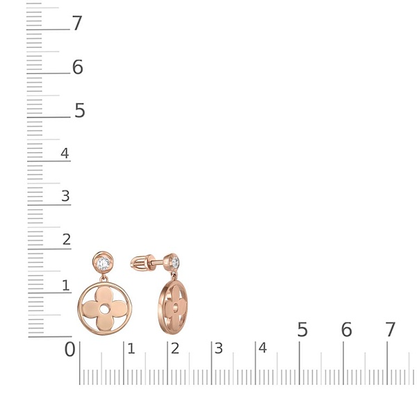 Серьги-пусеты Клевер из красного золота с 2 фианитами
