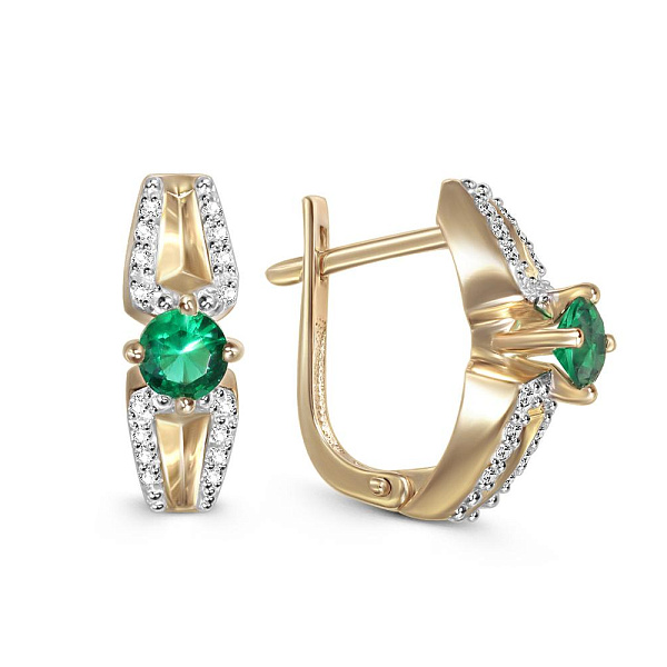 Серьги из жёлтого золота с 2 изумрудами и 32 фианитами