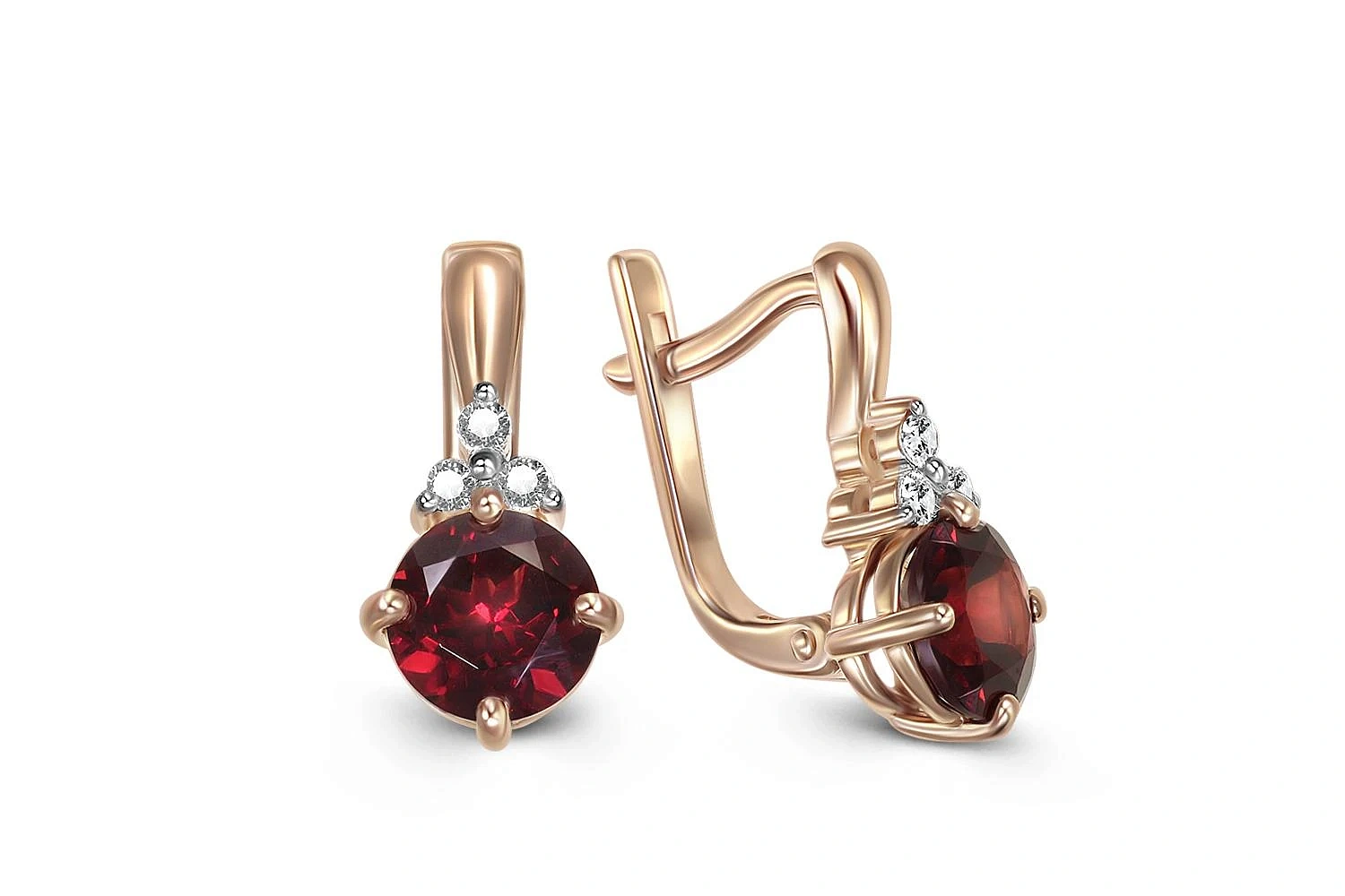 Серьги из красного золота с 2 гранатами и 6 фианитами