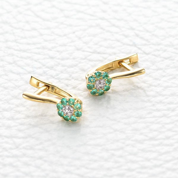 Серьги Цветы из жёлтого золота с 16 изумрудами и 8 бриллиантами