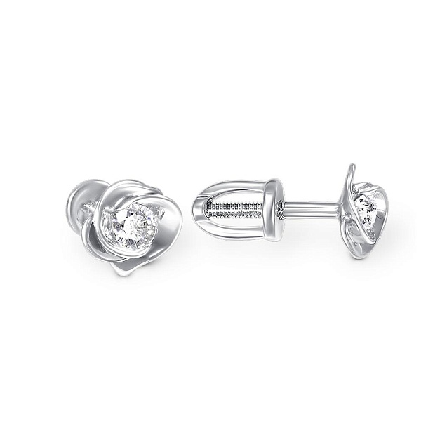 Серьги-пусеты Цветы из белого золота с 2 кристаллами swarovski