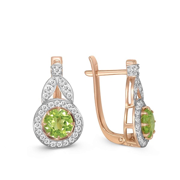 Серьги из красного золота с 2 хризолитами и 58 фианитами