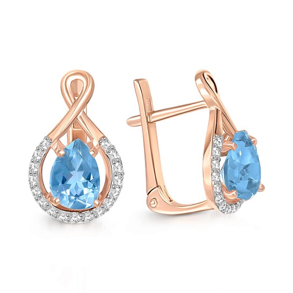 Серьги из красного золота с 2 топазами swiss и 34 фианитами