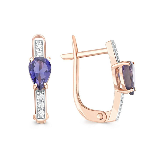 Серьги из красного золота с 2 иолитами и 10 фианитами