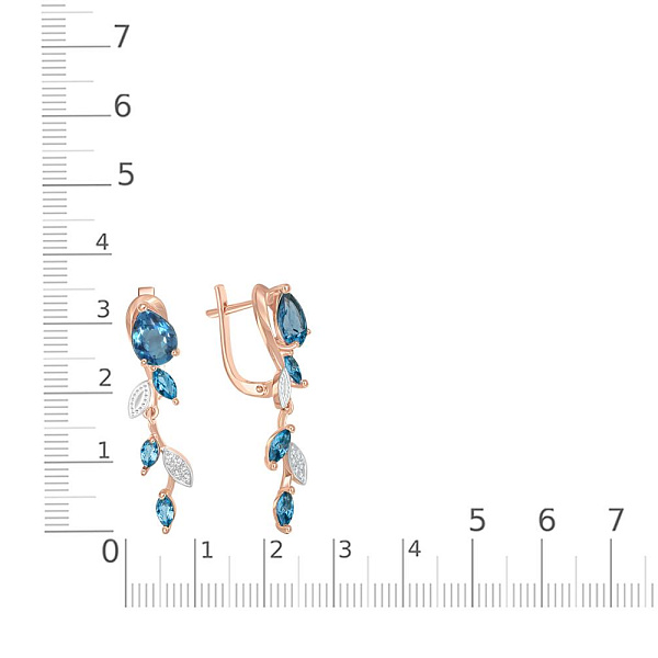 Серьги Веточки из красного золота с 2 топазами лондон и 18 фианитами